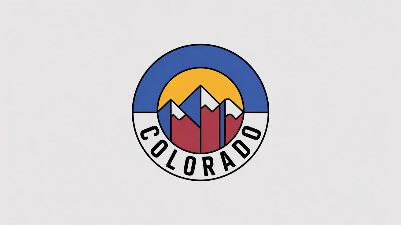 A modern, circular Colorado logo featuring stylized mountains and a sun, with the word 'COLORADO' in a bold font, all on a clean white background.