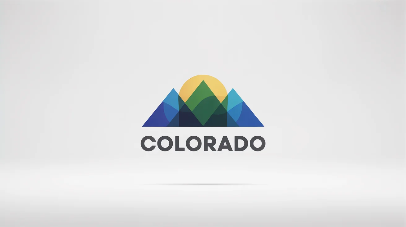 A modern logo for Colorado featuring a stylized, geometric mountain range and sun, with the word 'COLORADO' displayed prominently below, all on a clean white background.