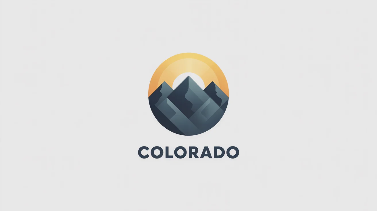 A modern circular logo representing Colorado, with stylized mountain peaks, a golden sun, and the word 'COLORADO' underneath, all on a plain white background.