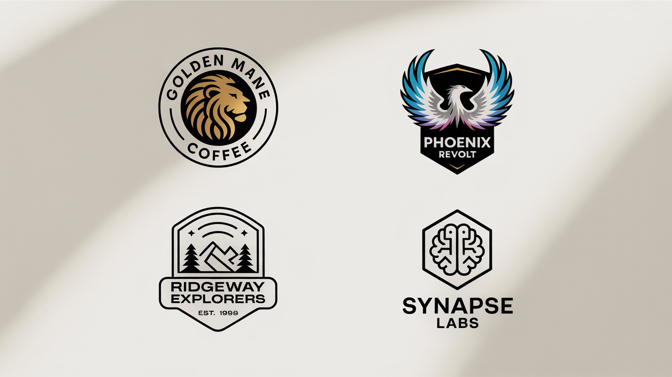 A grid of four unique, professionally designed emblem logos on a white background, demonstrating different styles for a coffee brand, an esports team, an adventure club, and a tech startup.