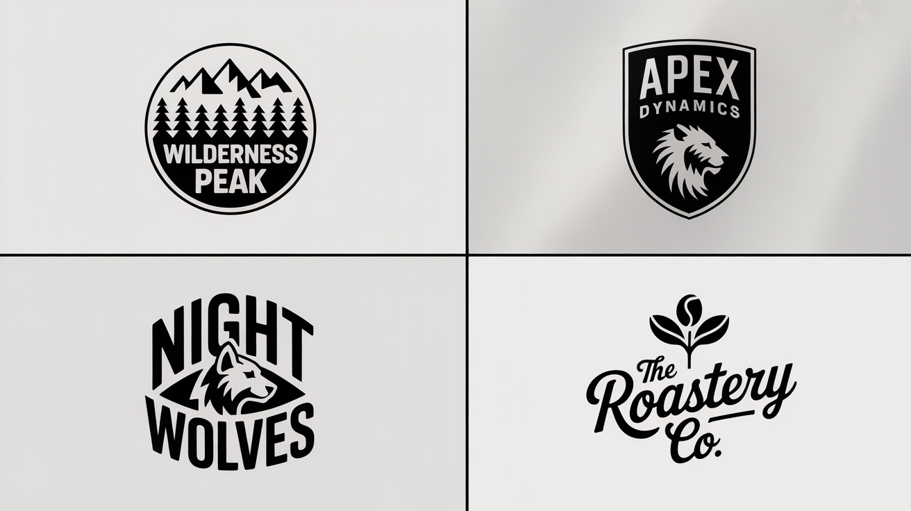 A grid of four unique emblem logos on a white background, demonstrating logo creation for a brand, team, or personal project.