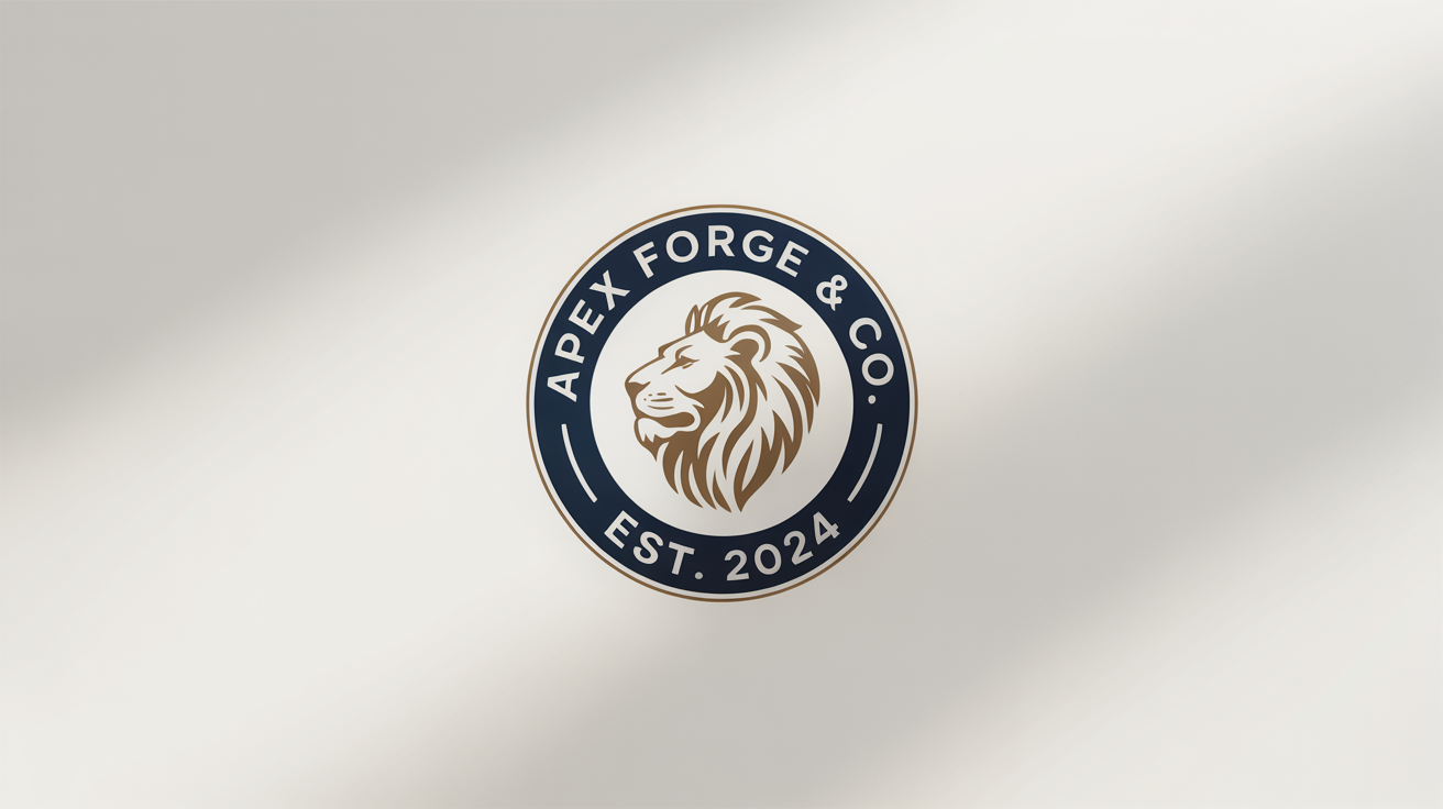 An emblem logo for a fictional brand named 'Apex Forge & Co.' established in 2024. The circular logo is navy blue and gold, featuring a stylized lion's head in the center.