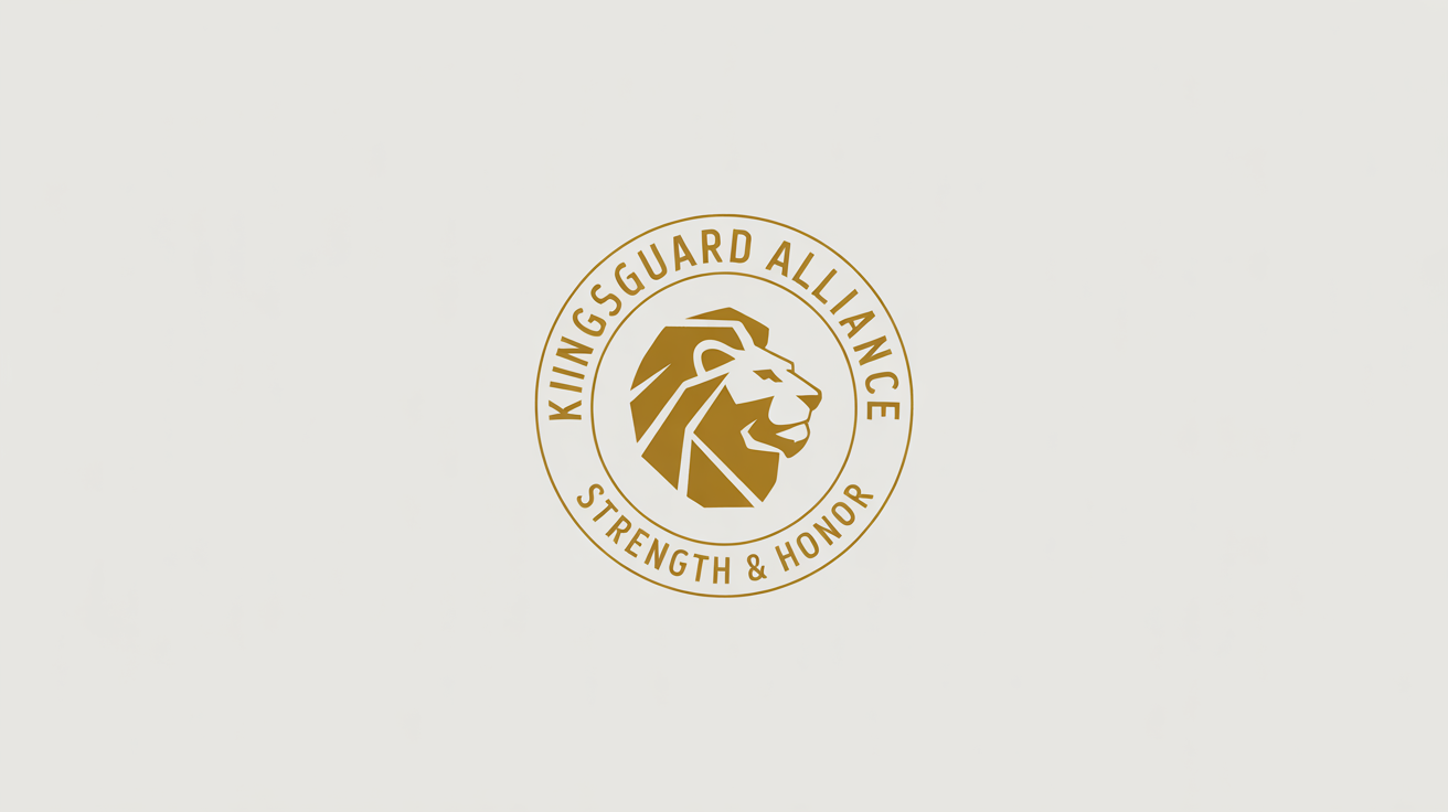 A modern, circular emblem logo for 'Kingsguard Alliance'. The design features a golden lion's head in profile, with the brand name above and the tagline 'Strength & Honor' below, all on a clean white background.