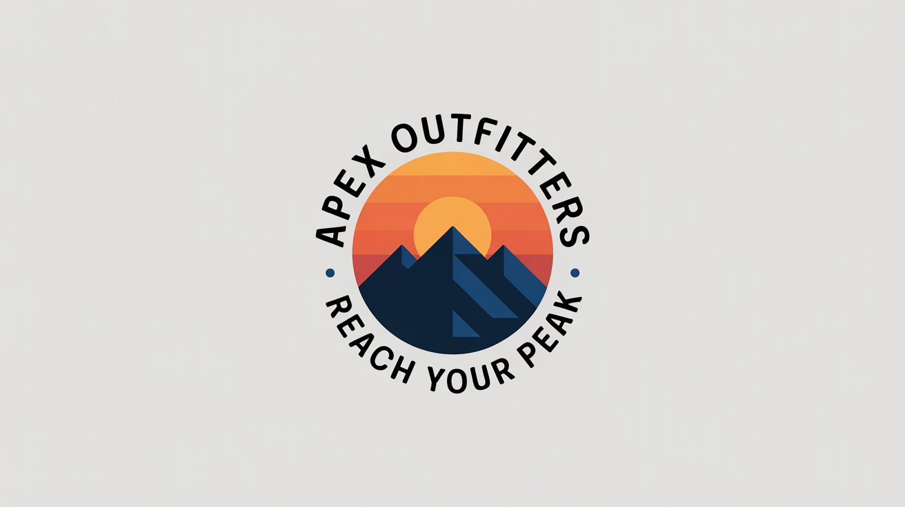 A modern, circular emblem logo for a fictional adventure brand, 'Apex Outfitters'. The logo, in navy blue, orange, and white, features a stylized mountain and sun. It is displayed as a clean mockup on a white background.