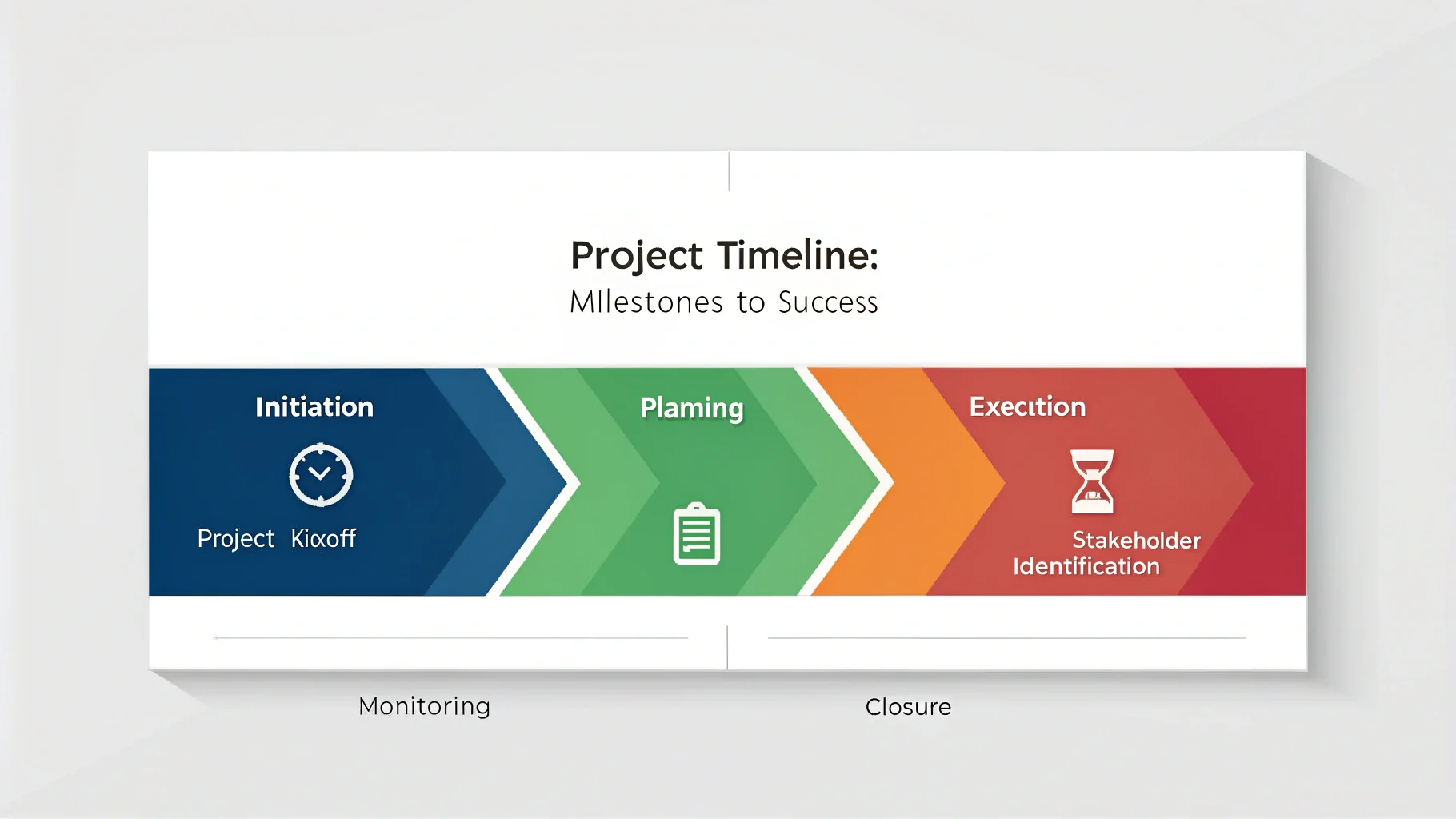A professionally designed project timeline infographic showing five color-coded phases from 'Initiation' to 'Closure', complete with titles, icons, and milestone text, representing the final output of a timeline generator.