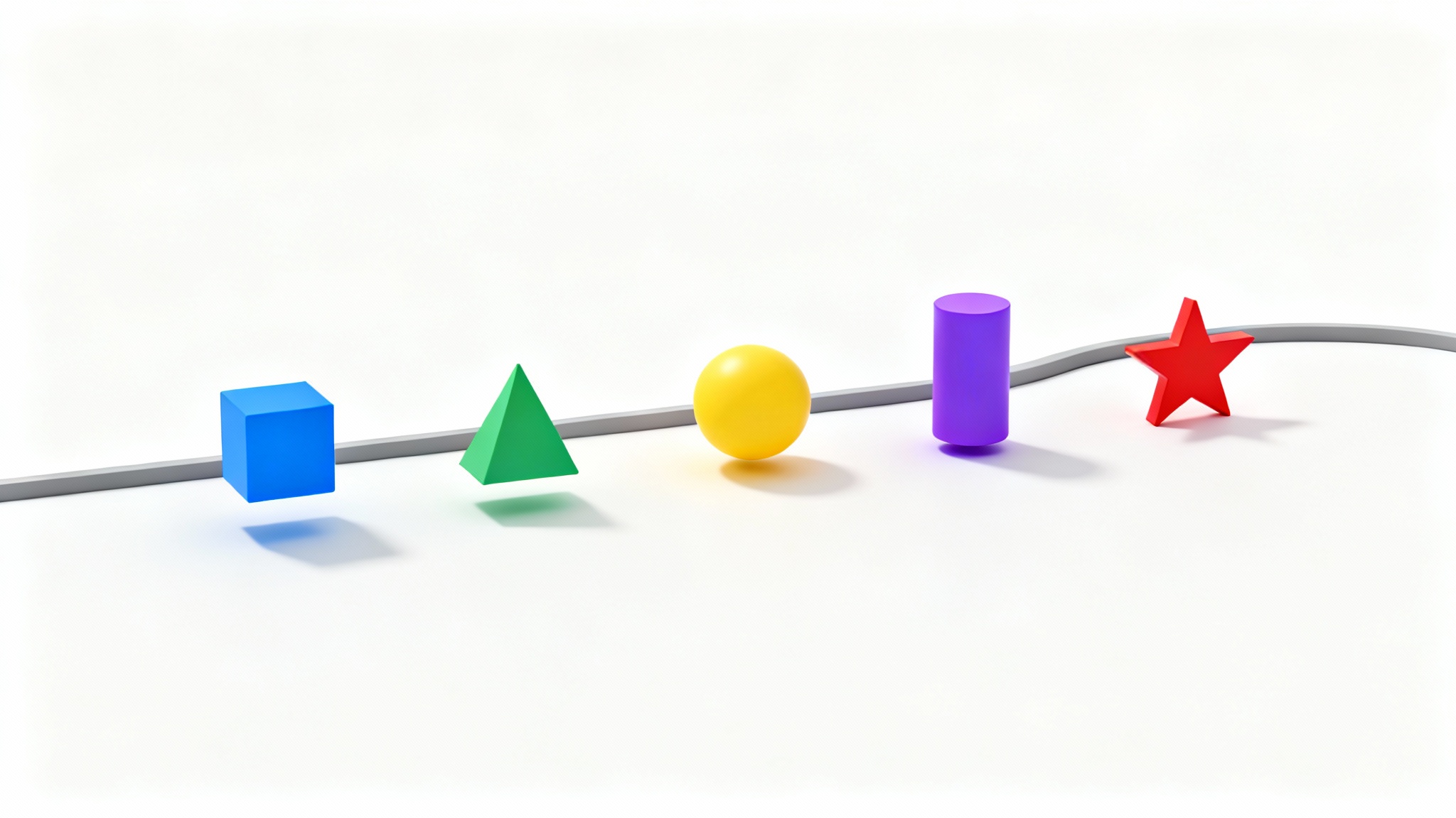 A 3D rendered timeline on a white background, showing a winding grey line with five colorful geometric shapes representing milestones.