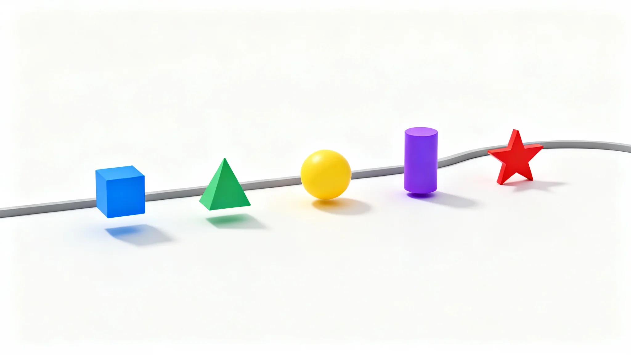 A 3D rendered timeline on a white background, showing a winding grey line with five colorful geometric shapes representing milestones.