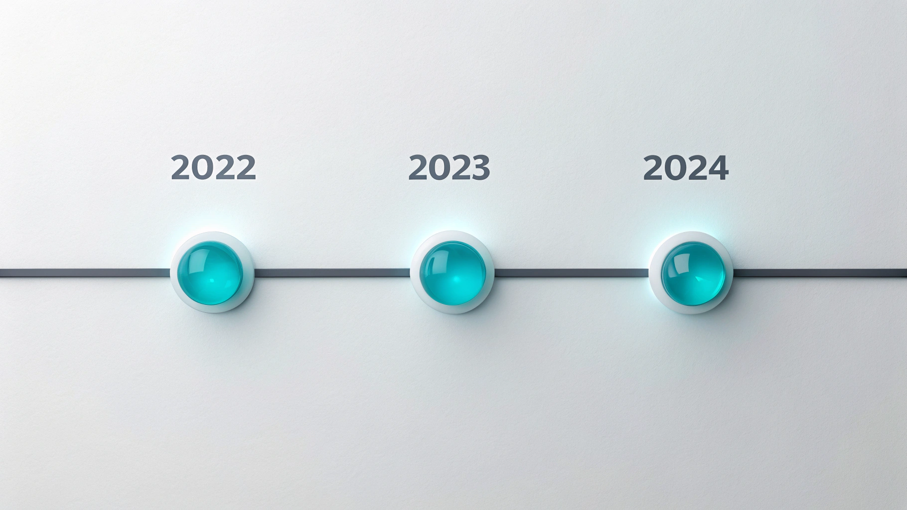 A modern 3D infographic of a project timeline showing three key milestones for the years 2022, 2023, and 2024, set against a plain white background.