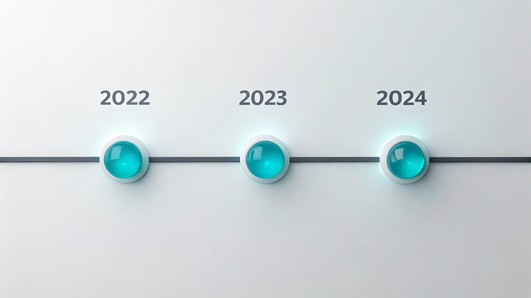 A modern 3D infographic of a project timeline showing three key milestones for the years 2022, 2023, and 2024, set against a plain white background.