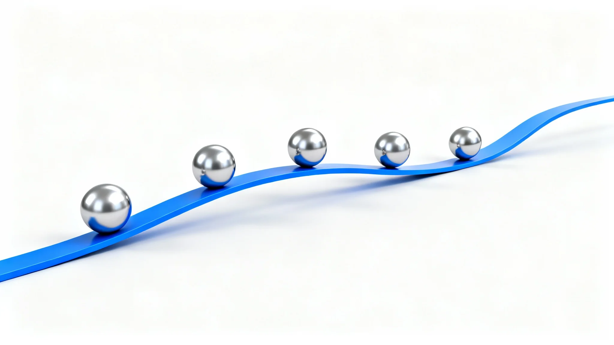 A 3D visualization of a timeline, featuring a curving blue line with five silver spheres marking milestones, all set against a clean white background.
