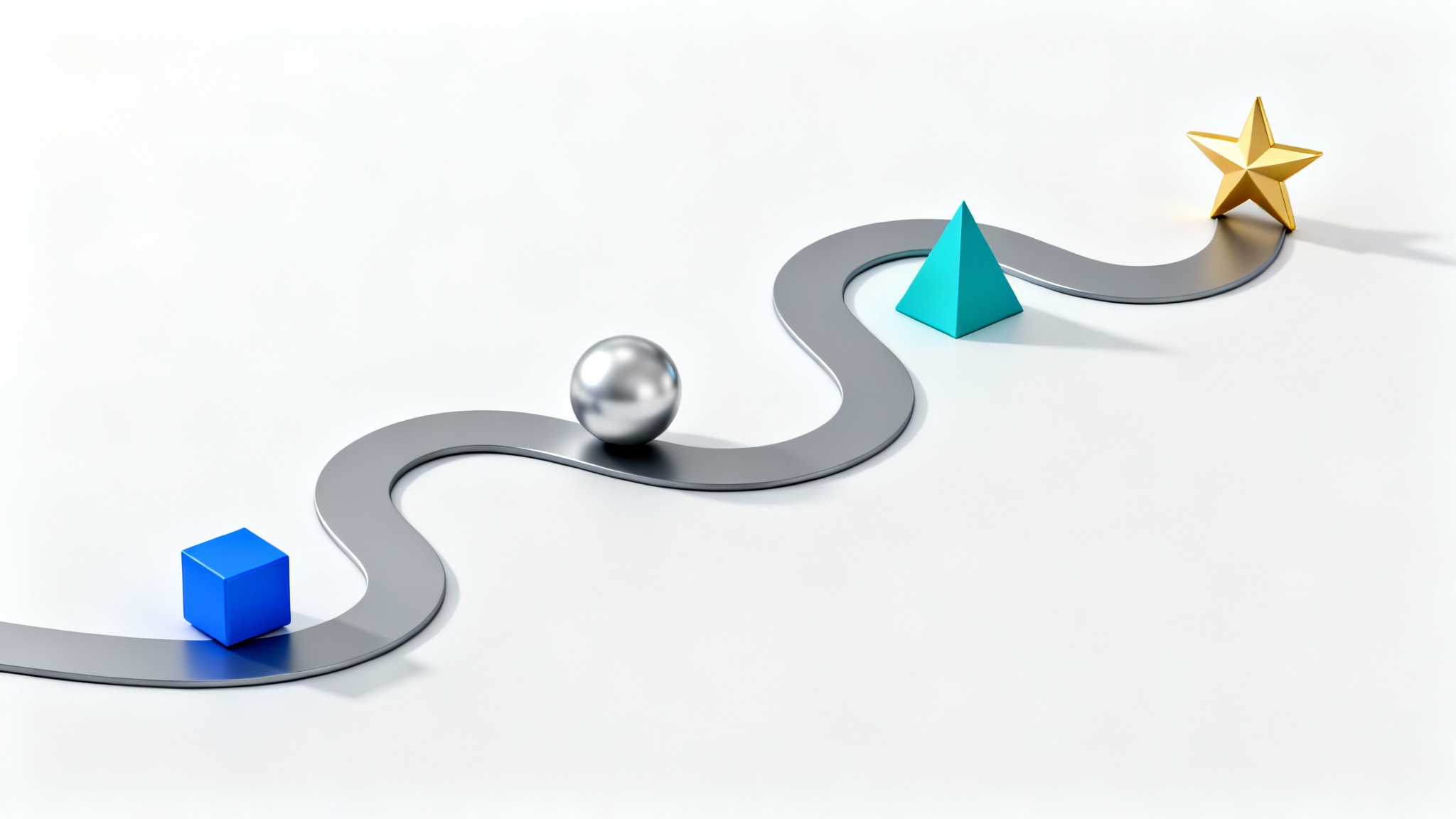 A 3D rendering of a winding timeline path with various geometric shapes as milestone markers on a white background, symbolizing progression and planning.