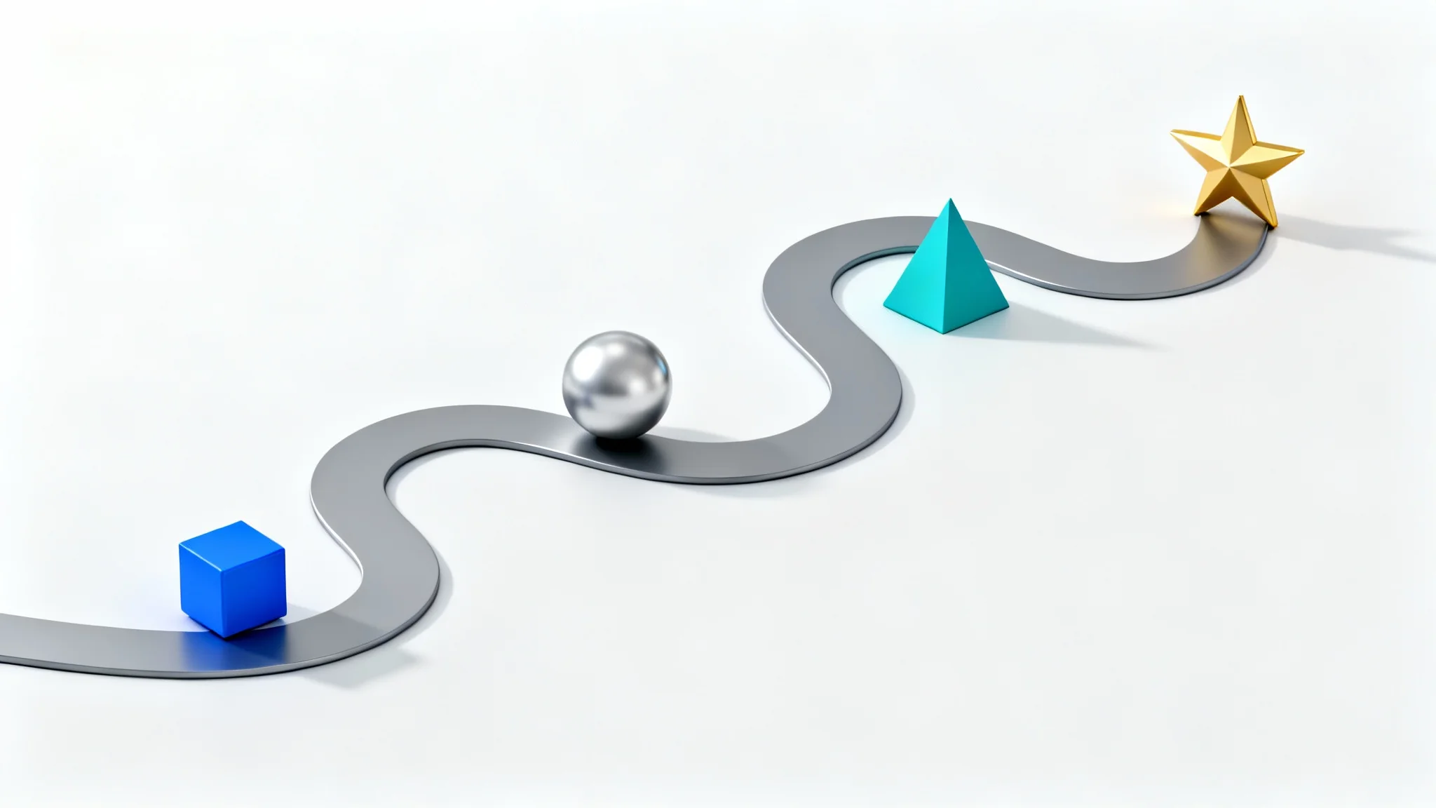 A 3D rendering of a winding timeline path with various geometric shapes as milestone markers on a white background, symbolizing progression and planning.