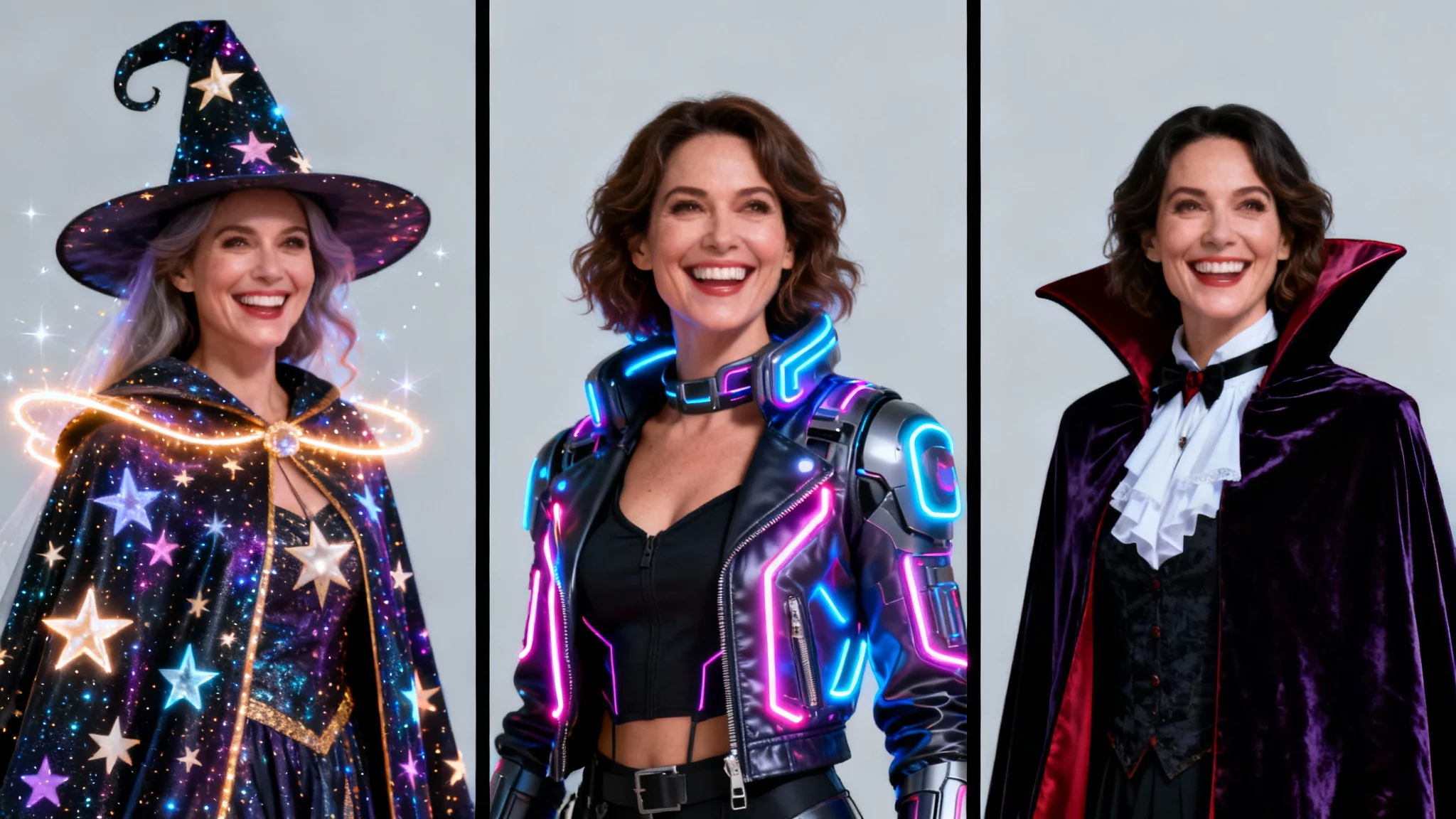 A woman shown in three different AI-generated Halloween costumes side-by-side: a celestial witch, a cyberpunk character, and an elegant vampire, demonstrating a virtual try-on feature.