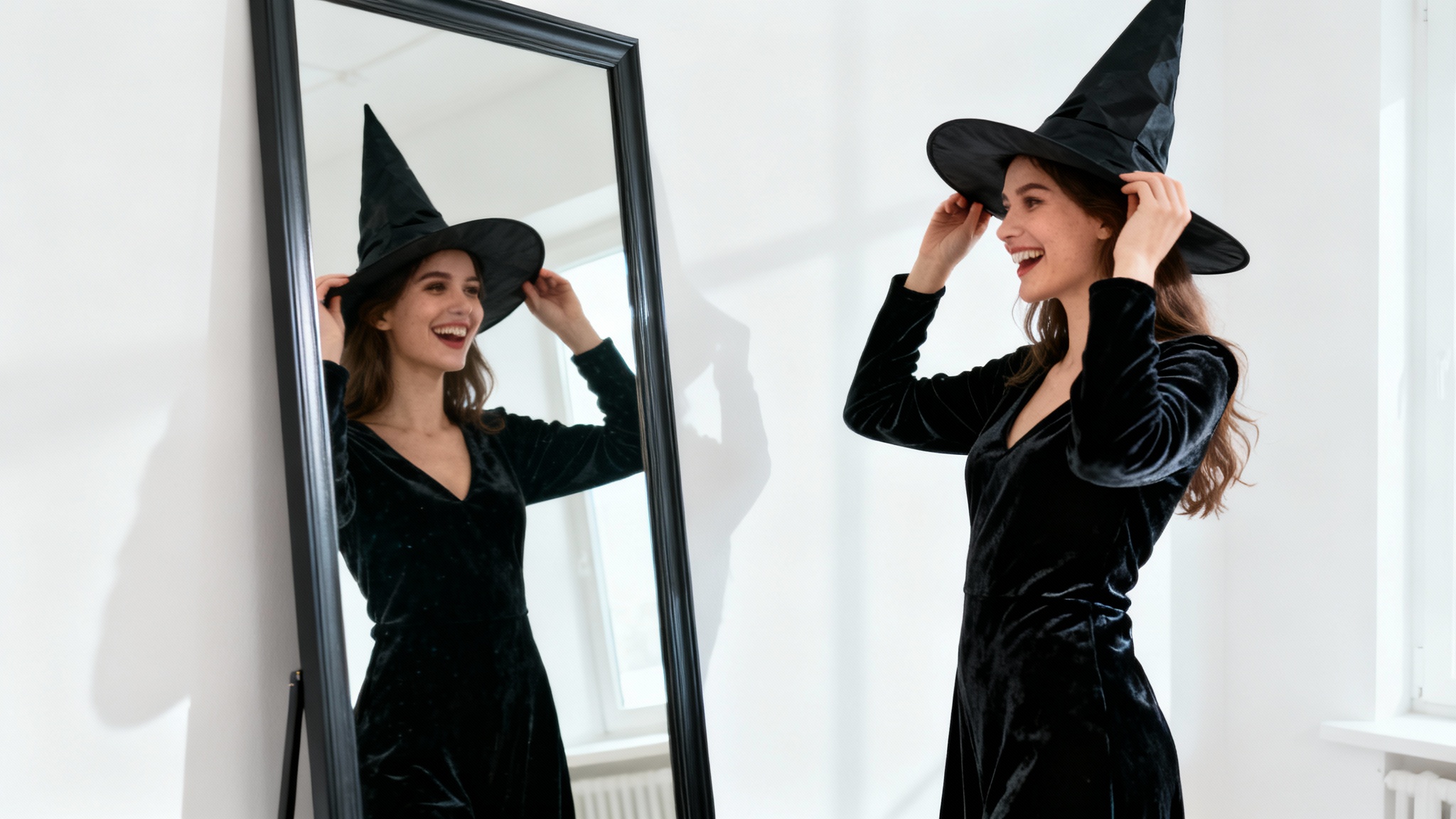 A young woman excitedly tries on a black witch costume, smiling at her reflection in a mirror against a clean white background.
