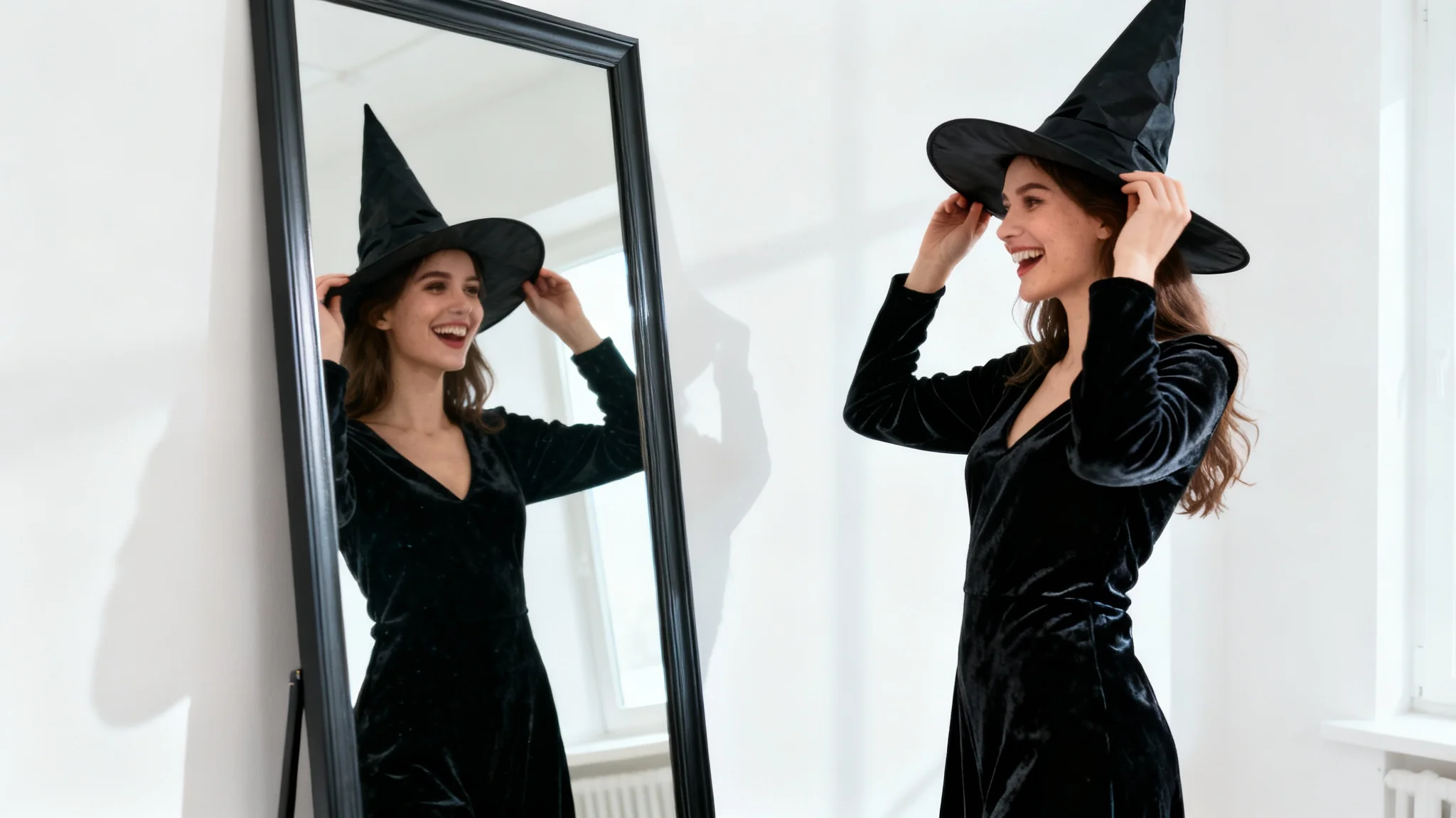 A young woman excitedly tries on a black witch costume, smiling at her reflection in a mirror against a clean white background.