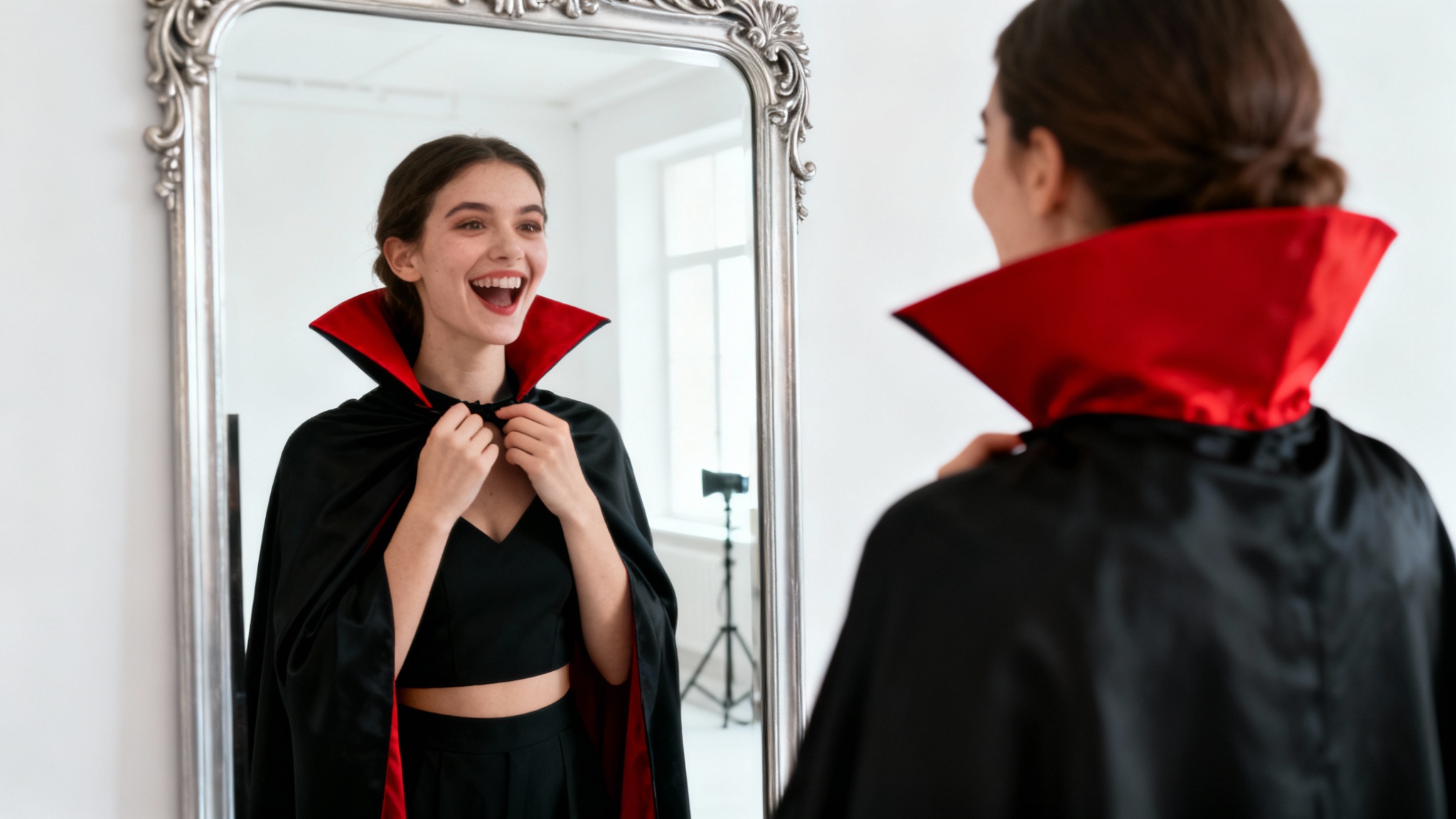 A young woman dressed in a stylish vampire costume joyfully looking at her reflection in a mirror, set against a clean white background.