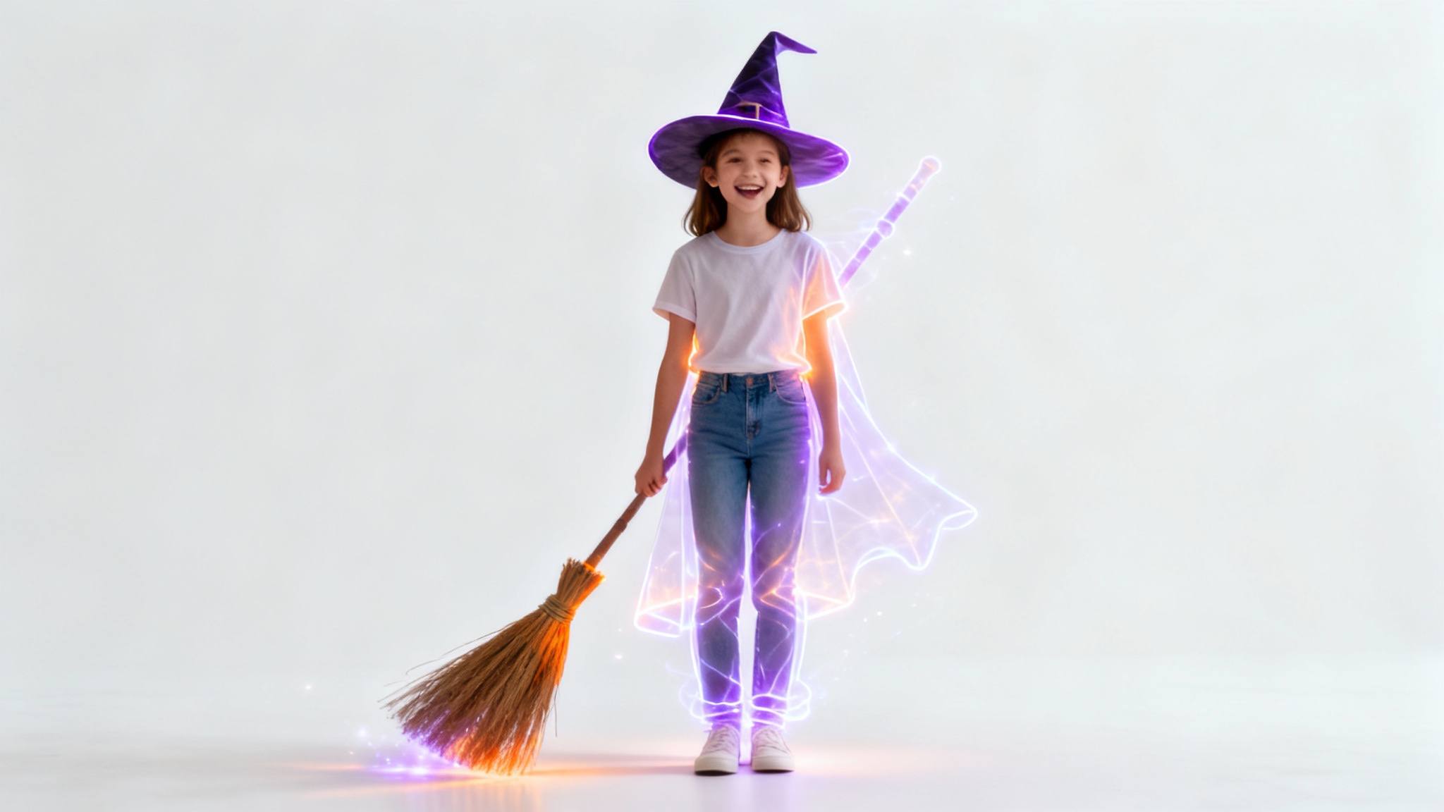 A cheerful teenage girl in everyday clothes stands against a white background, with a glowing, magical outline of a witch costume overlaid on her body, simulating a virtual Halloween costume try-on.