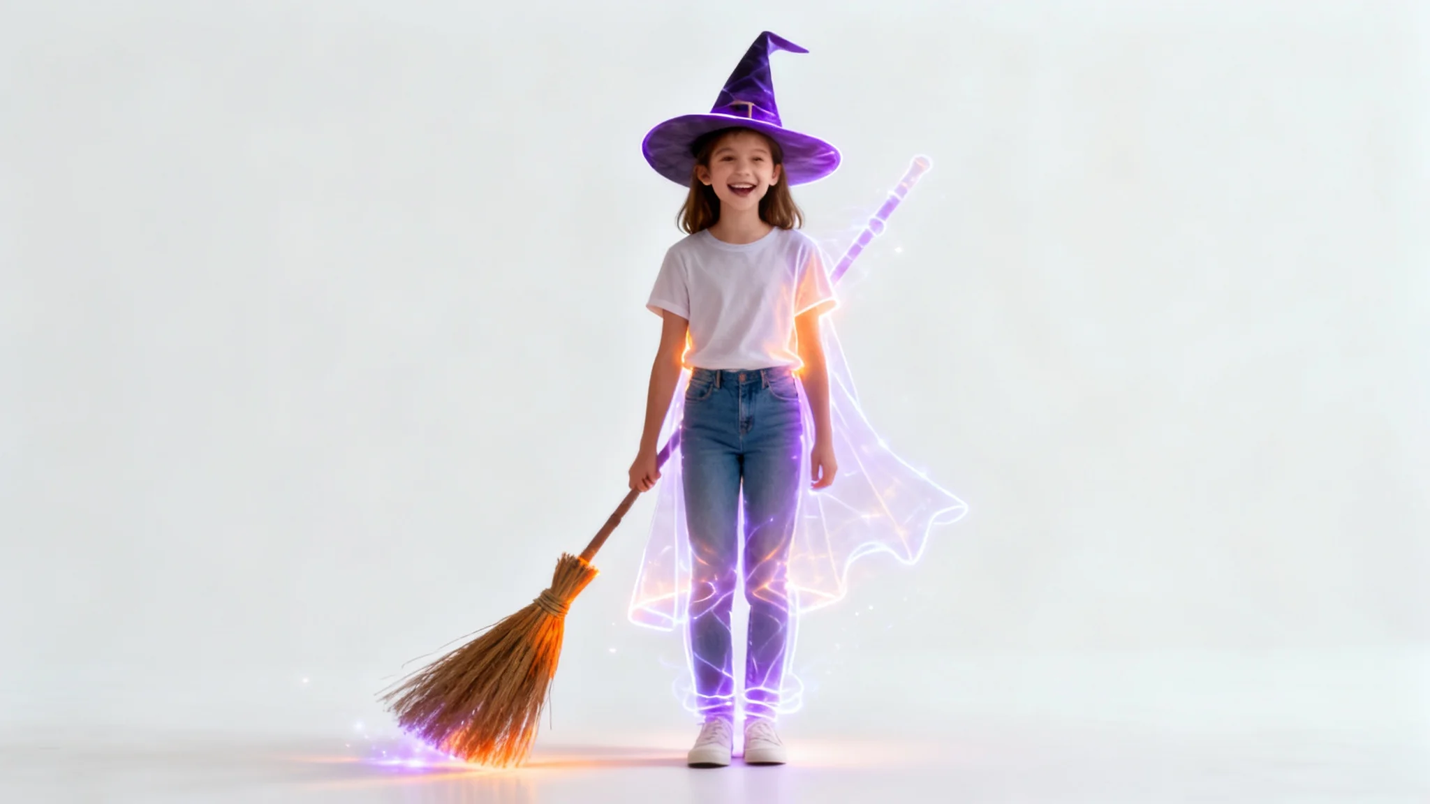 A cheerful teenage girl in everyday clothes stands against a white background, with a glowing, magical outline of a witch costume overlaid on her body, simulating a virtual Halloween costume try-on.
