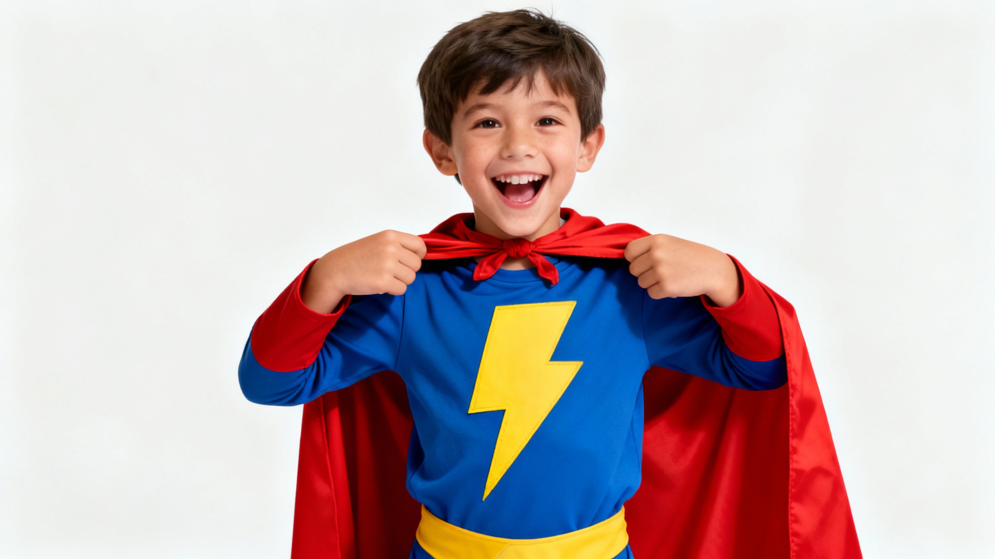 A happy child trying on a red superhero cape as part of a Halloween costume, standing against a plain white background.