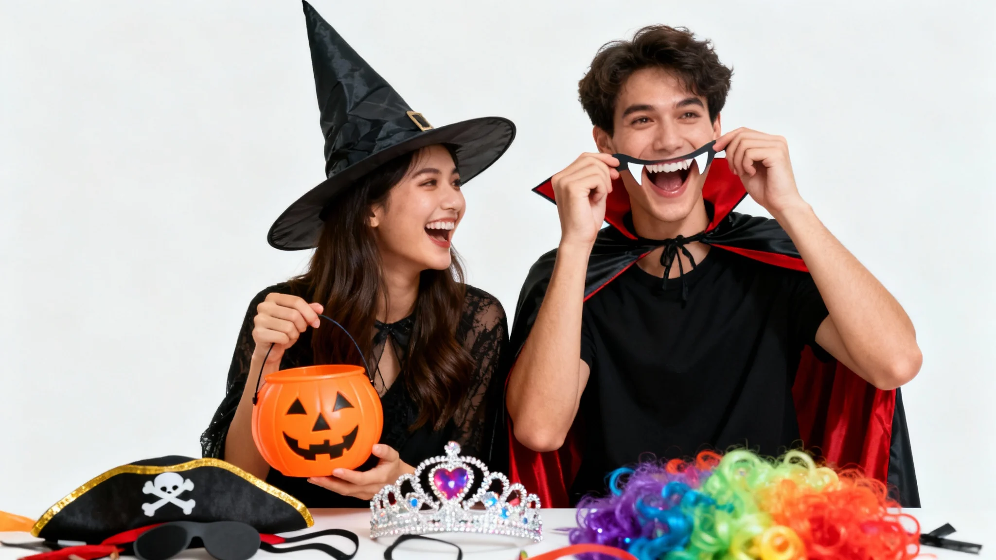 Two friends, a man and a woman, laughing and having fun while trying on different Halloween costumes against a solid white background.