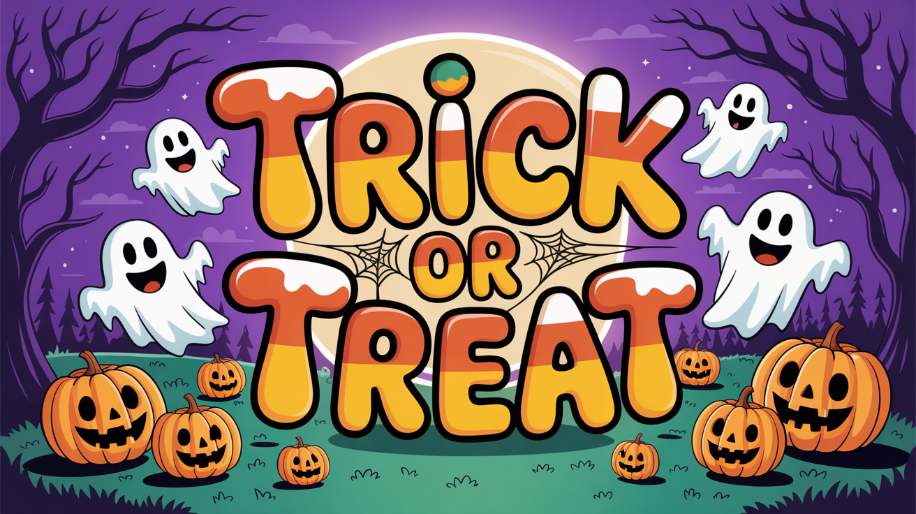 A vibrant Halloween illustration with the words 'Trick or Treat' written in a playful, spooky font. The scene is filled with cartoon ghosts, jack-o'-lanterns, and a full moon, representing a finished design for a Halloween theme.