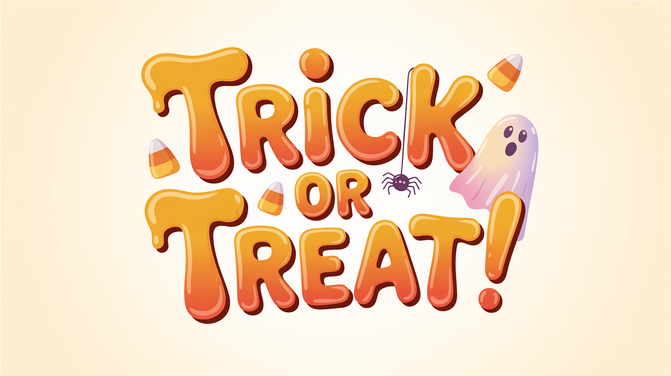 The phrase 'Trick or Treat!' written in a spooky, dripping orange slime font, accompanied by small cartoon Halloween elements on a clean white background.