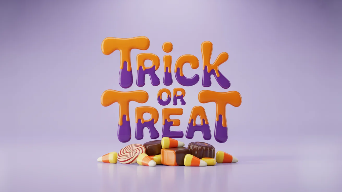 A mockup showcasing a 'Trick or Treat' font. The words are written in a playful, spooky style and are surrounded by Halloween candy on a white background.