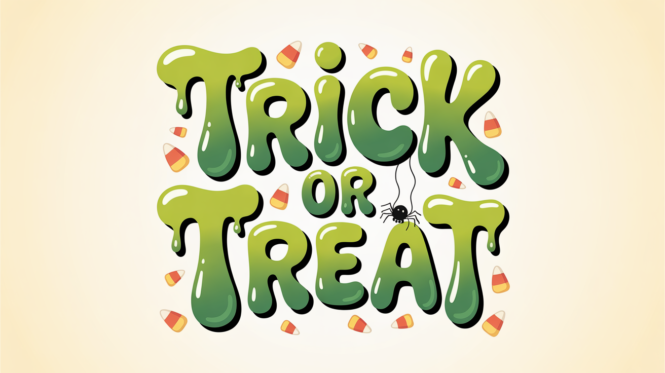 A mockup of a Halloween font with the words 'Trick or Treat' written in a slimy green, dripping style on a white background, decorated with candy corn.