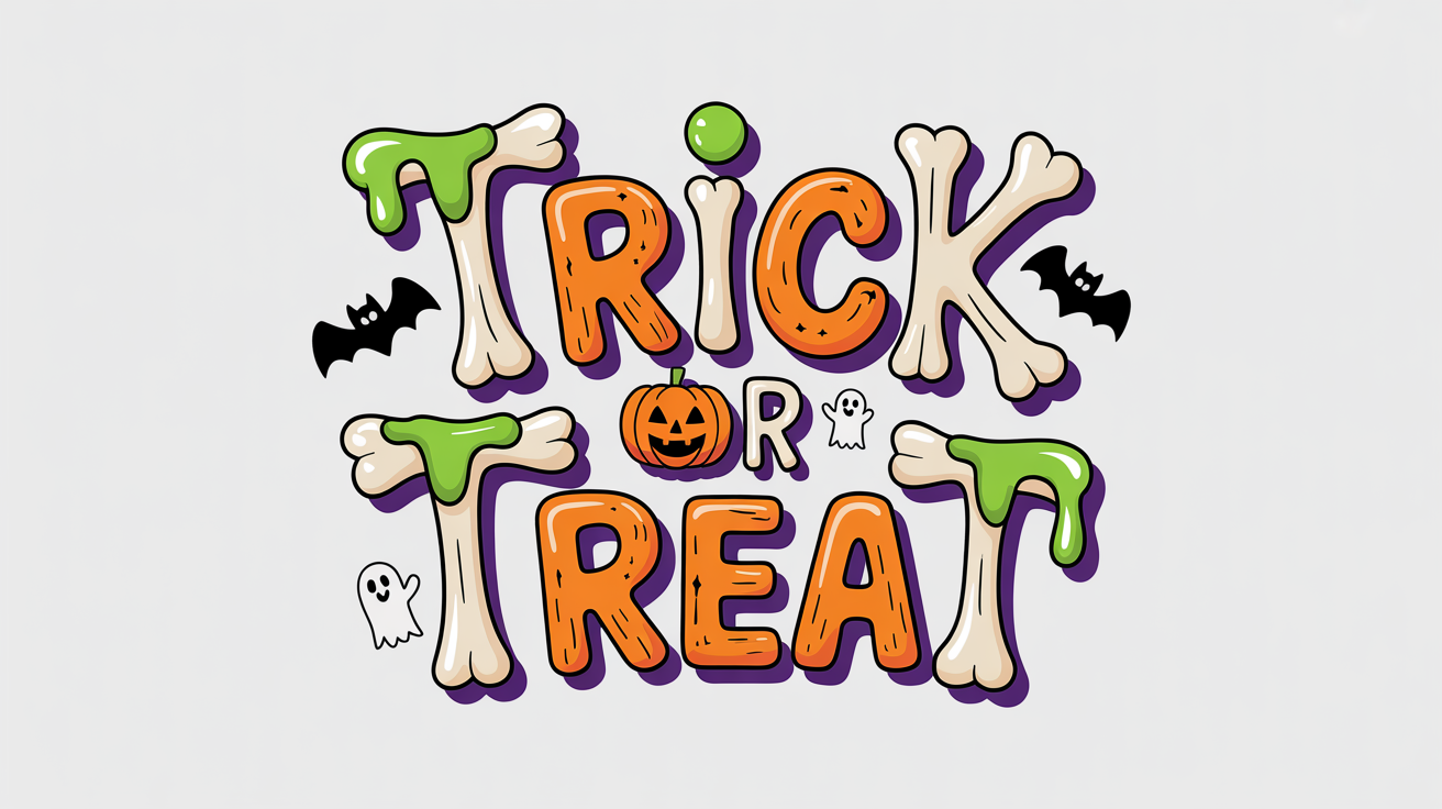 The words 'Trick or Treat' displayed in a creative, spooky Halloween font that looks like bones and cobwebs, with a jack-o'-lantern 'O', set against a plain white background.