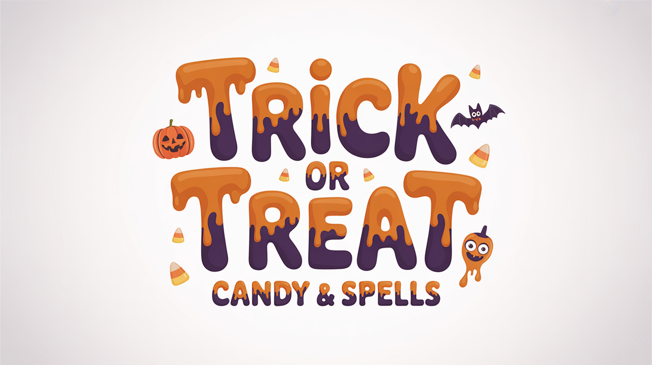 A mockup showcasing a spooky 'Trick or Treat' font. The words are written in a dripping, gooey orange and purple style on a clean white background, with small Halloween icons of a bat and candy corn.