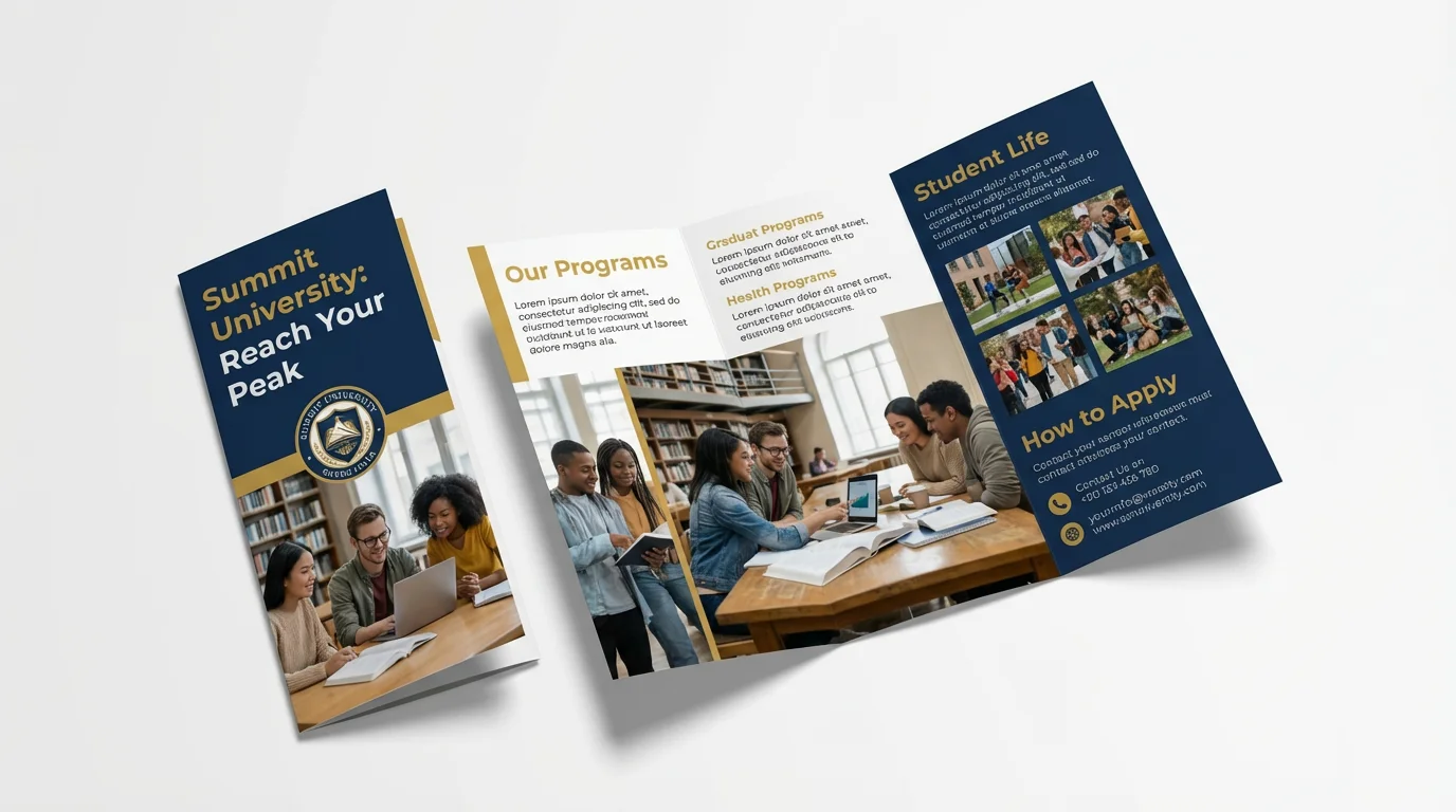 A professional digital mockup of a tri-fold academic brochure for 'Summit University', shown open against a clean white background, showcasing a modern design and photos of students.