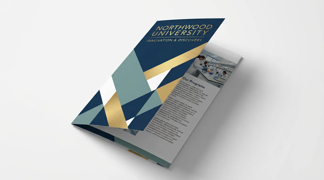A professional mockup of a tri-fold academic brochure for 'Northwood University' standing upright on a white background, showcasing its modern design and sophisticated color palette.