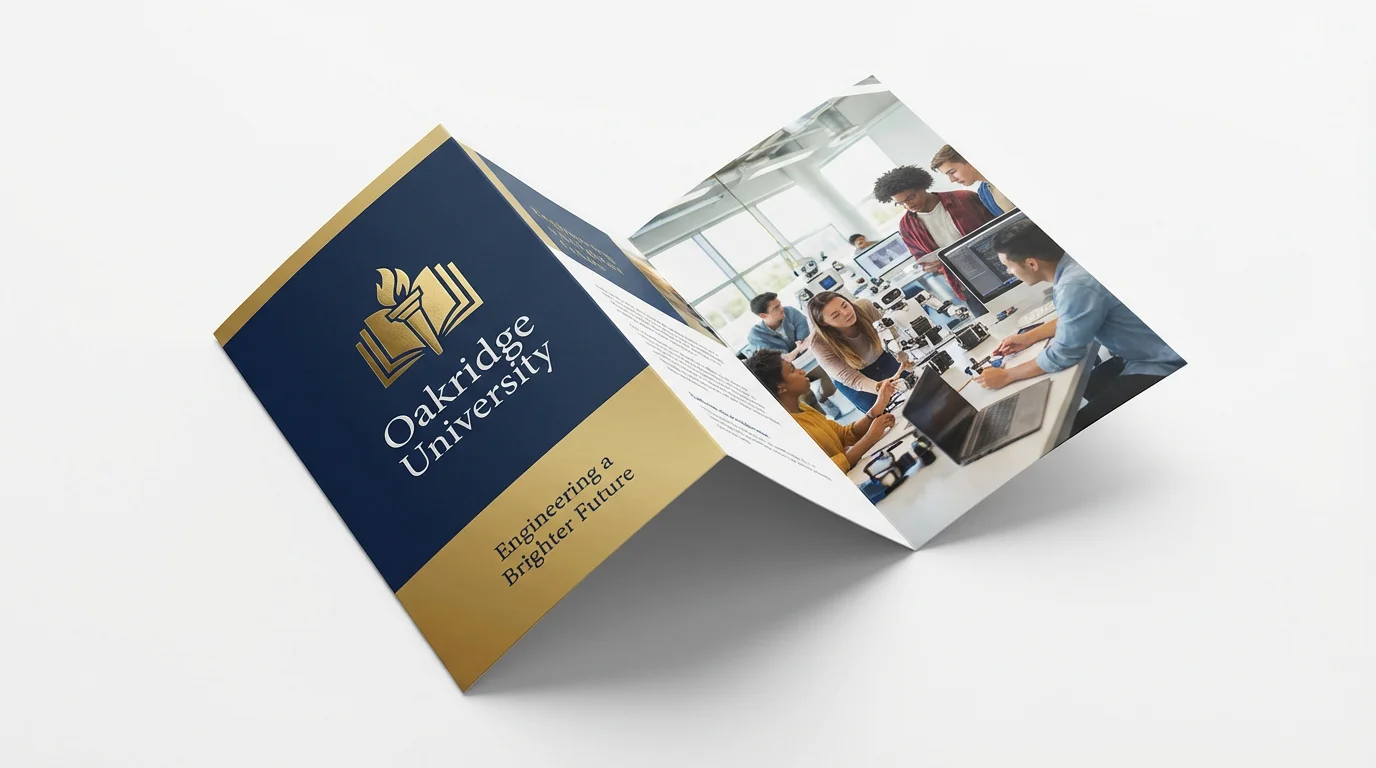A mockup of a modern, professional academic brochure for 'Oakridge University', standing open on a clean white background to display its navy and gold cover design.
