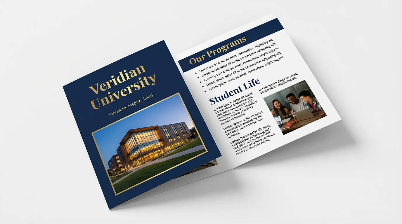 A professional mockup of an academic brochure for 'Veridian University', laid flat on a white surface, showing its modern navy blue and gold cover design and an inside panel.