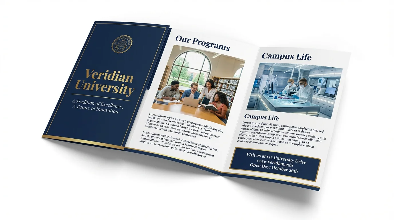 A mockup of an open tri-fold academic brochure for 'Veridian University' on a white background, showing a modern design with images of students and campus facilities.