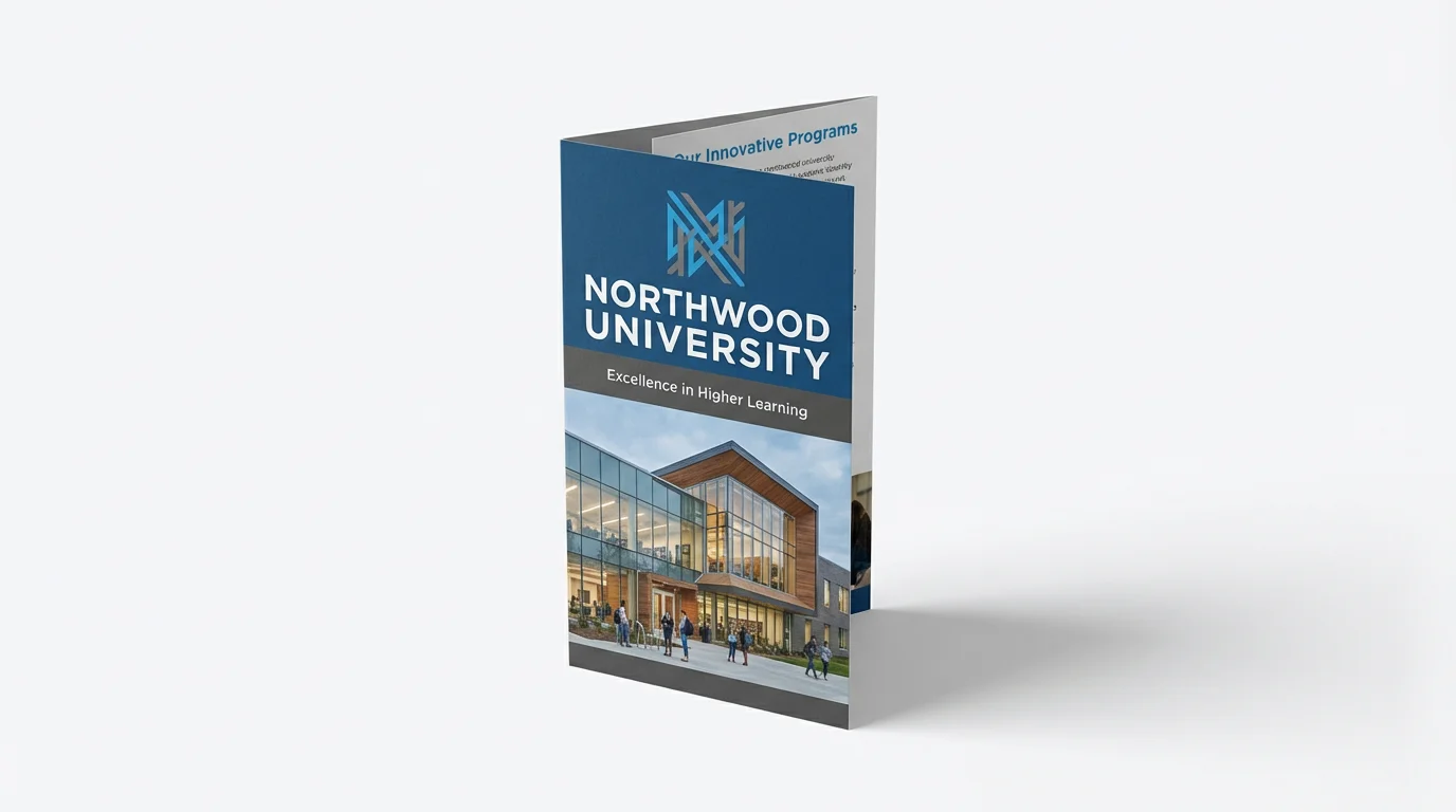 A professional mockup of a trifold academic brochure for 'Northwood University', standing upright on a clean white background, showcasing its modern design and blue color scheme.