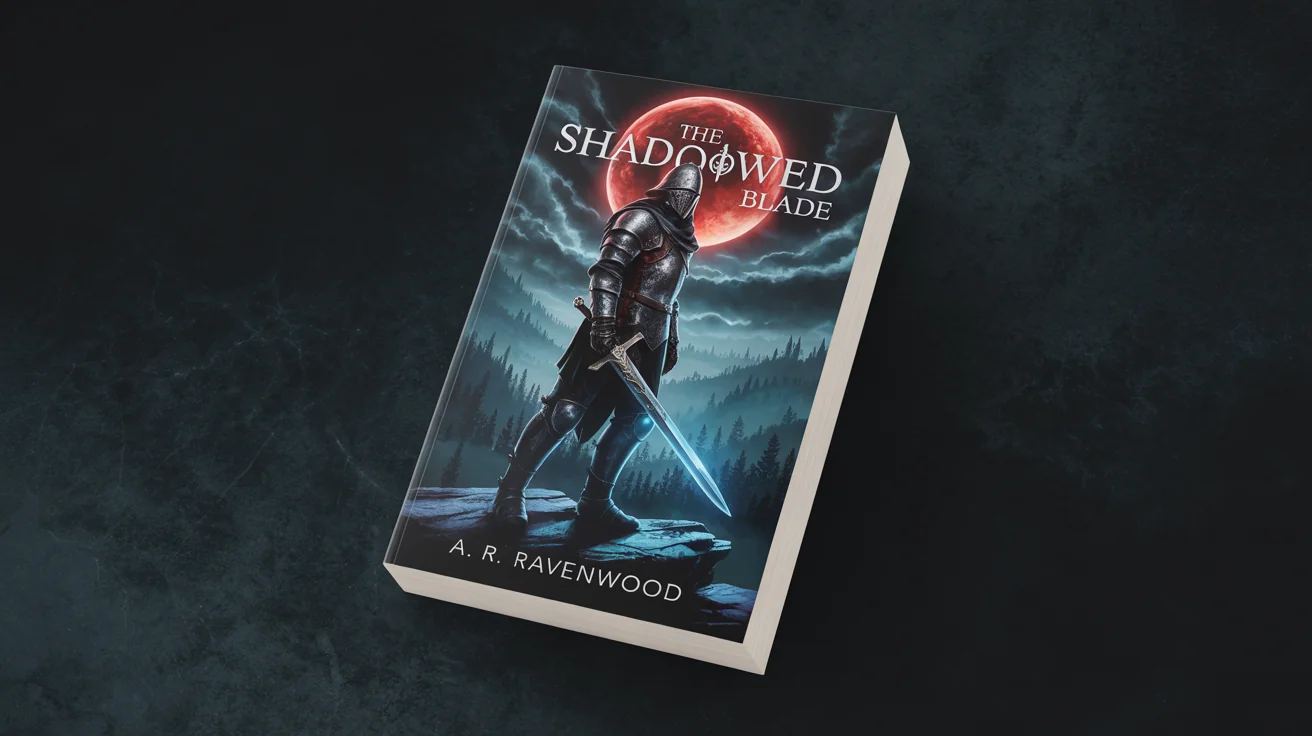 A professionally designed dark fantasy book cover titled 'The Shadowed Blade', featuring artwork of a knight with a glowing sword standing on a cliff under a large red moon.