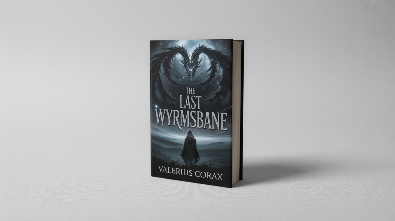 A mockup of a dark fantasy novel, 'The Last Wyrmsbane', showing a cloaked figure facing a celestial dragon on the cover, presented on a clean white background.