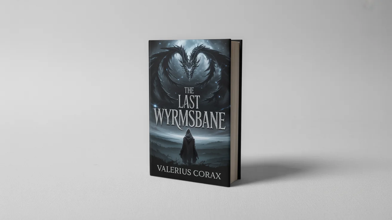 A mockup of a dark fantasy novel, 'The Last Wyrmsbane', showing a cloaked figure facing a celestial dragon on the cover, presented on a clean white background.