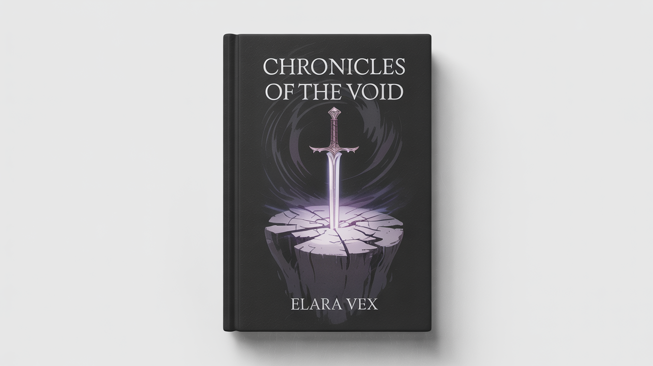 A mockup of a dark fantasy book cover for a novel titled 'Chronicles of the Void' by 'Elara Vex'. The cover art shows a glowing silver sword plunged into a stone altar against a black background.