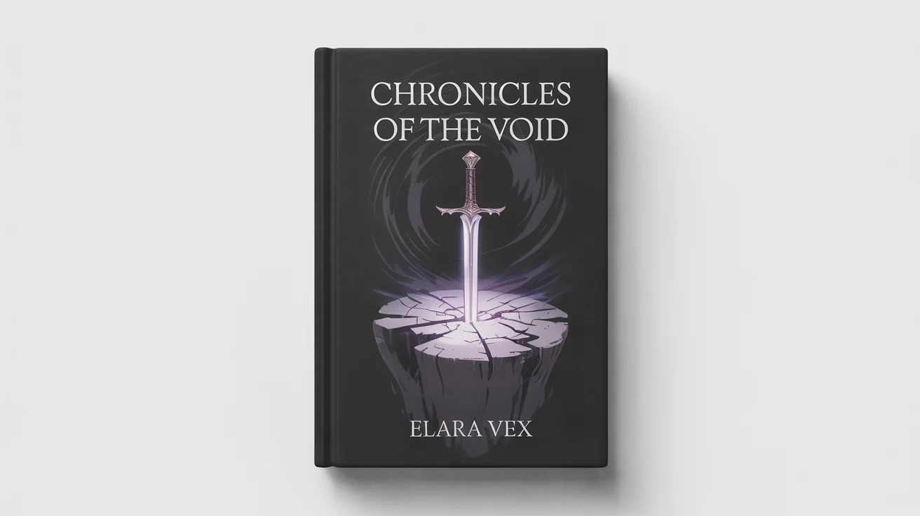 A mockup of a dark fantasy book cover for a novel titled 'Chronicles of the Void' by 'Elara Vex'. The cover art shows a glowing silver sword plunged into a stone altar against a black background.