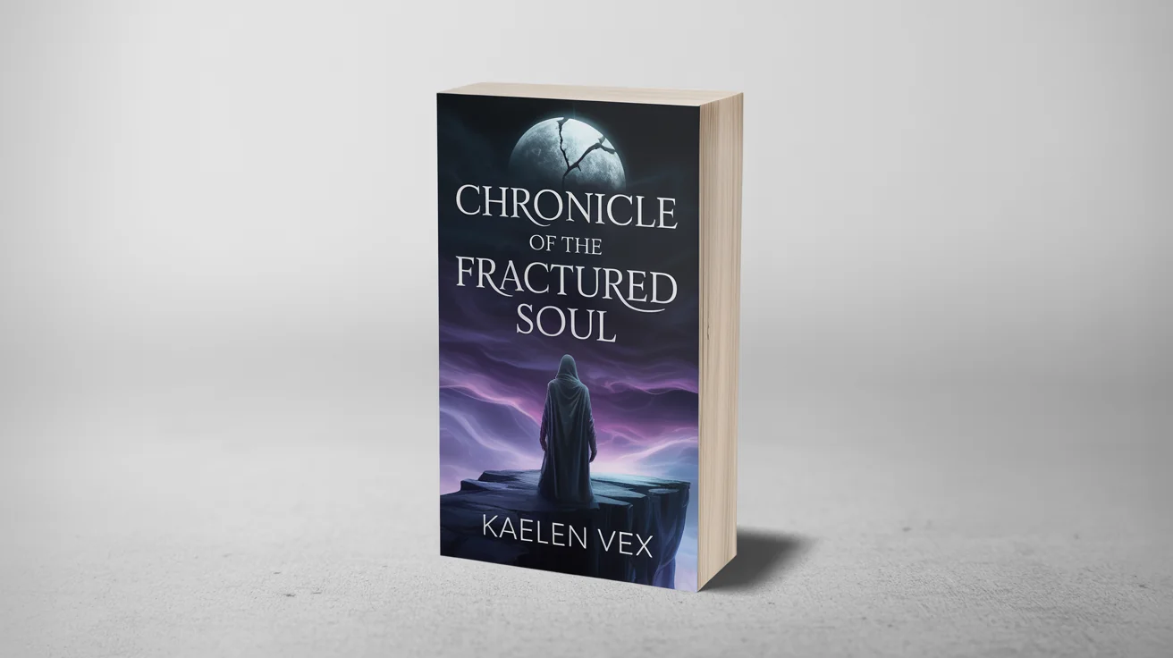 A professional mockup of a dark fantasy book titled 'Chronicle of the Fractured Soul' by Kaelen Vex, standing against a white background. The cover art depicts a hooded figure on a cliff under a broken moon.