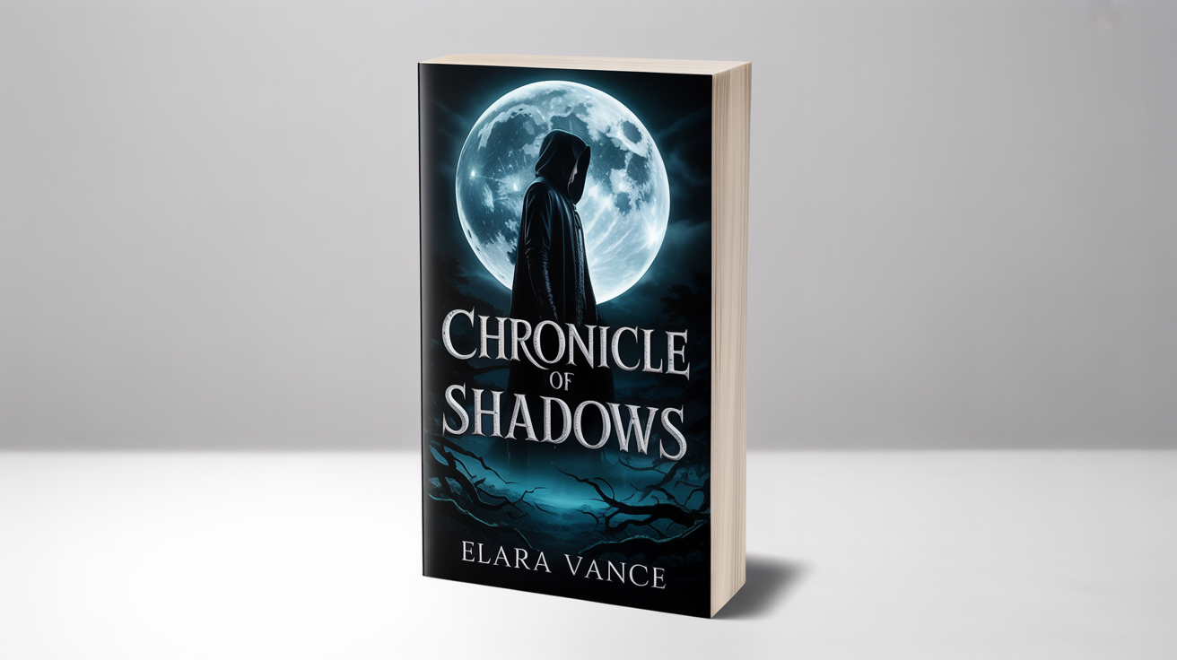 A mockup of a dark fantasy book titled 'Chronicle of Shadows' on a white background. The cover art shows a silhouetted figure standing on a cliff against a large, full moon.