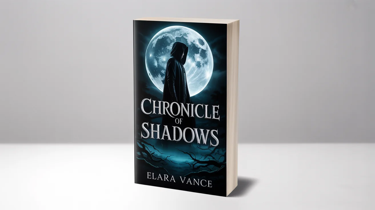A mockup of a dark fantasy book titled 'Chronicle of Shadows' on a white background. The cover art shows a silhouetted figure standing on a cliff against a large, full moon.