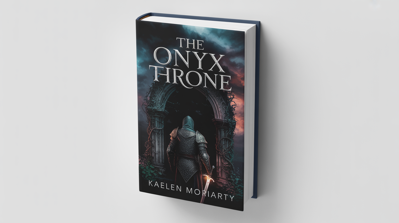 A mockup of a dark fantasy book cover titled 'The Onyx Throne'. The cover shows a knight in dark armor in front of a gothic ruin, presented against a clean white background.