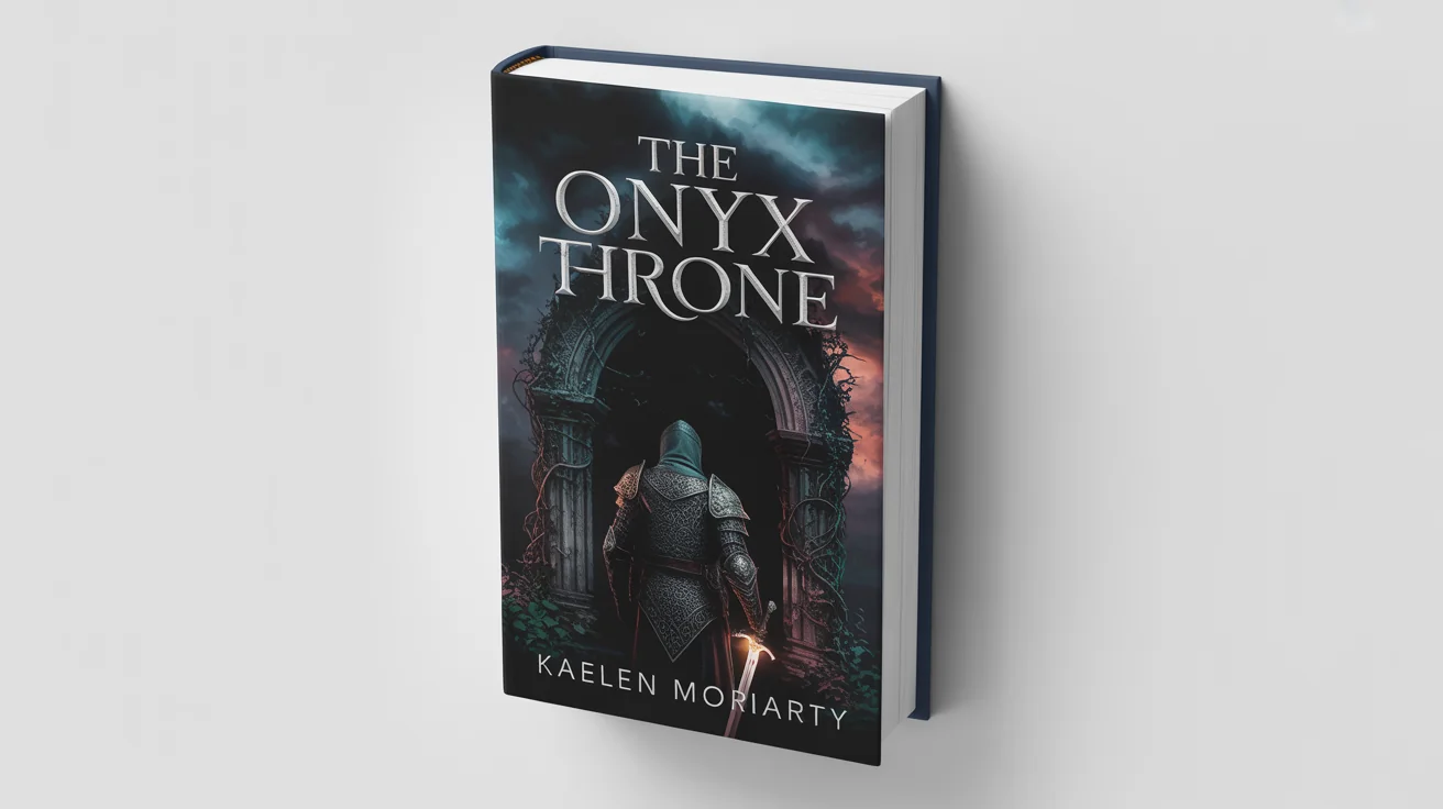 A mockup of a dark fantasy book cover titled 'The Onyx Throne'. The cover shows a knight in dark armor in front of a gothic ruin, presented against a clean white background.