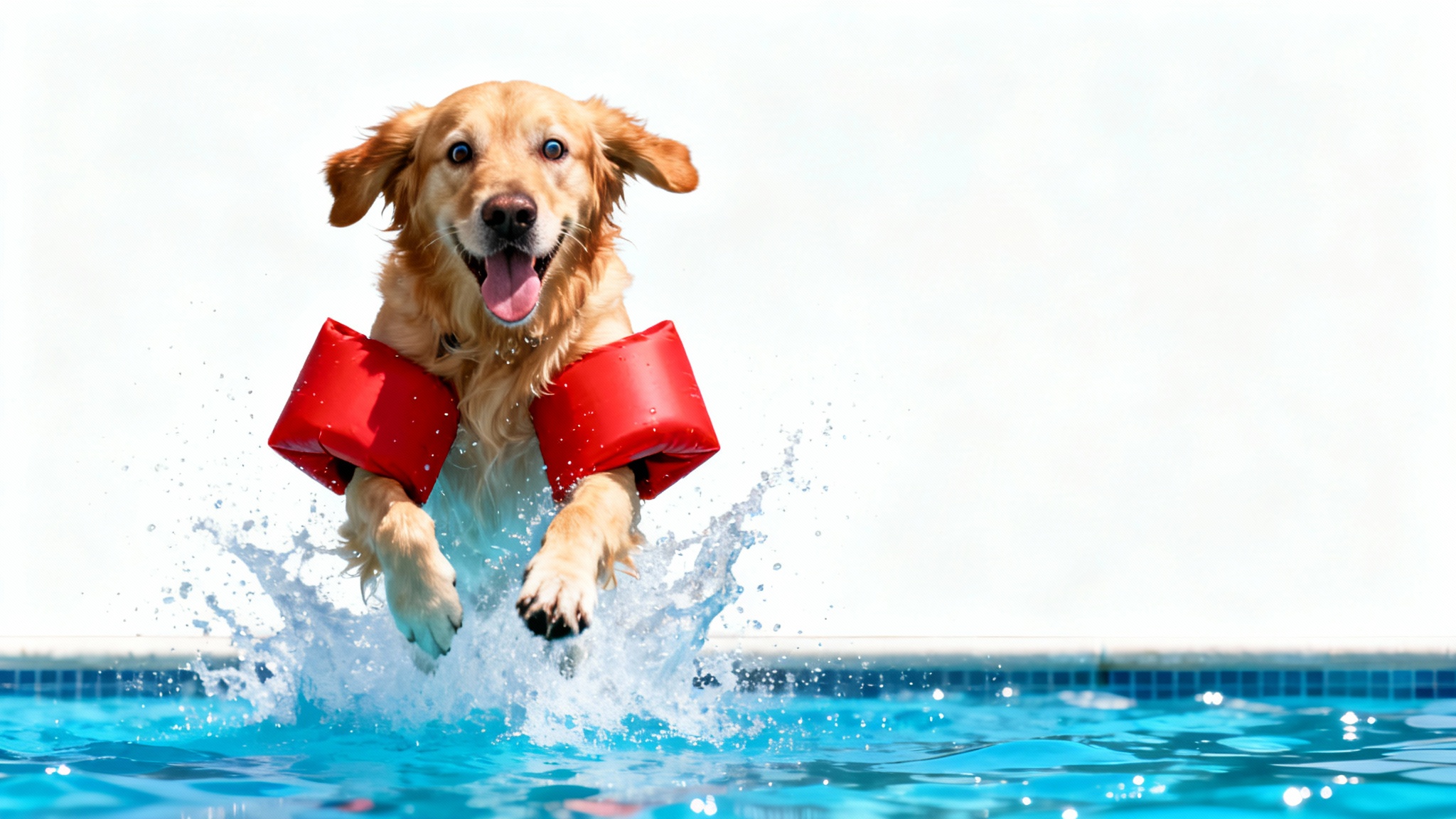 A funny meme image of a golden retriever with a goofy expression wearing red floaties, captured mid-jump into a swimming pool on a white background.