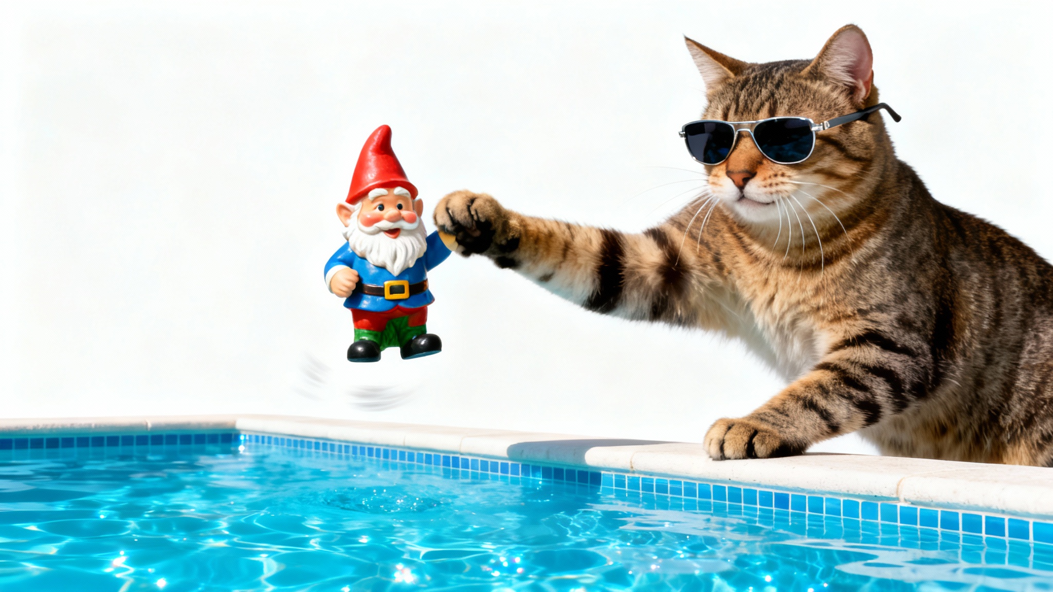 A humorous mockup for a pool meme, showing a cat with sunglasses pushing a garden gnome into a swimming pool against a white background.