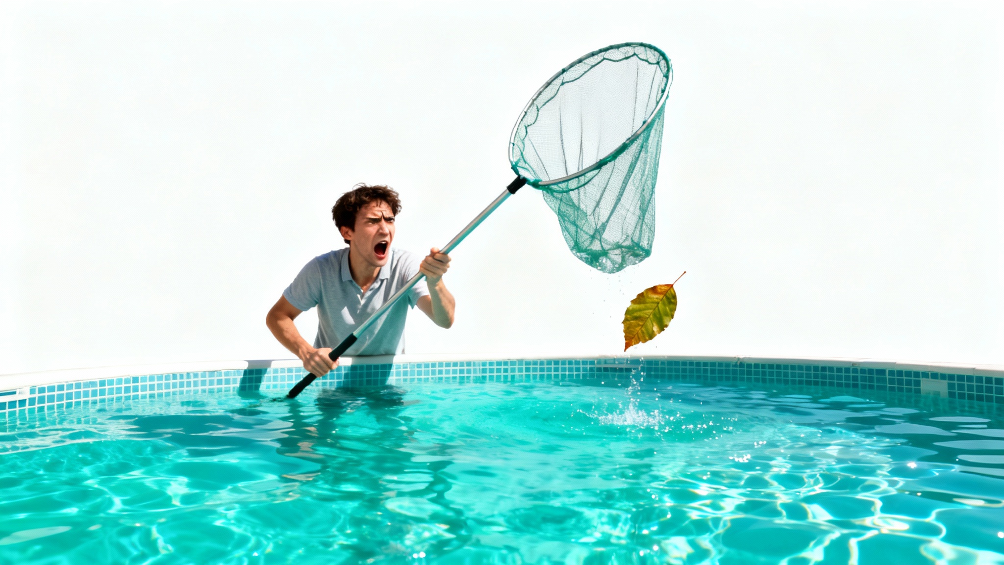 A humorous mockup for a pool meme, showing a person looking tired while trying to remove one small leaf from a large, perfect swimming pool, isolated on a white background.