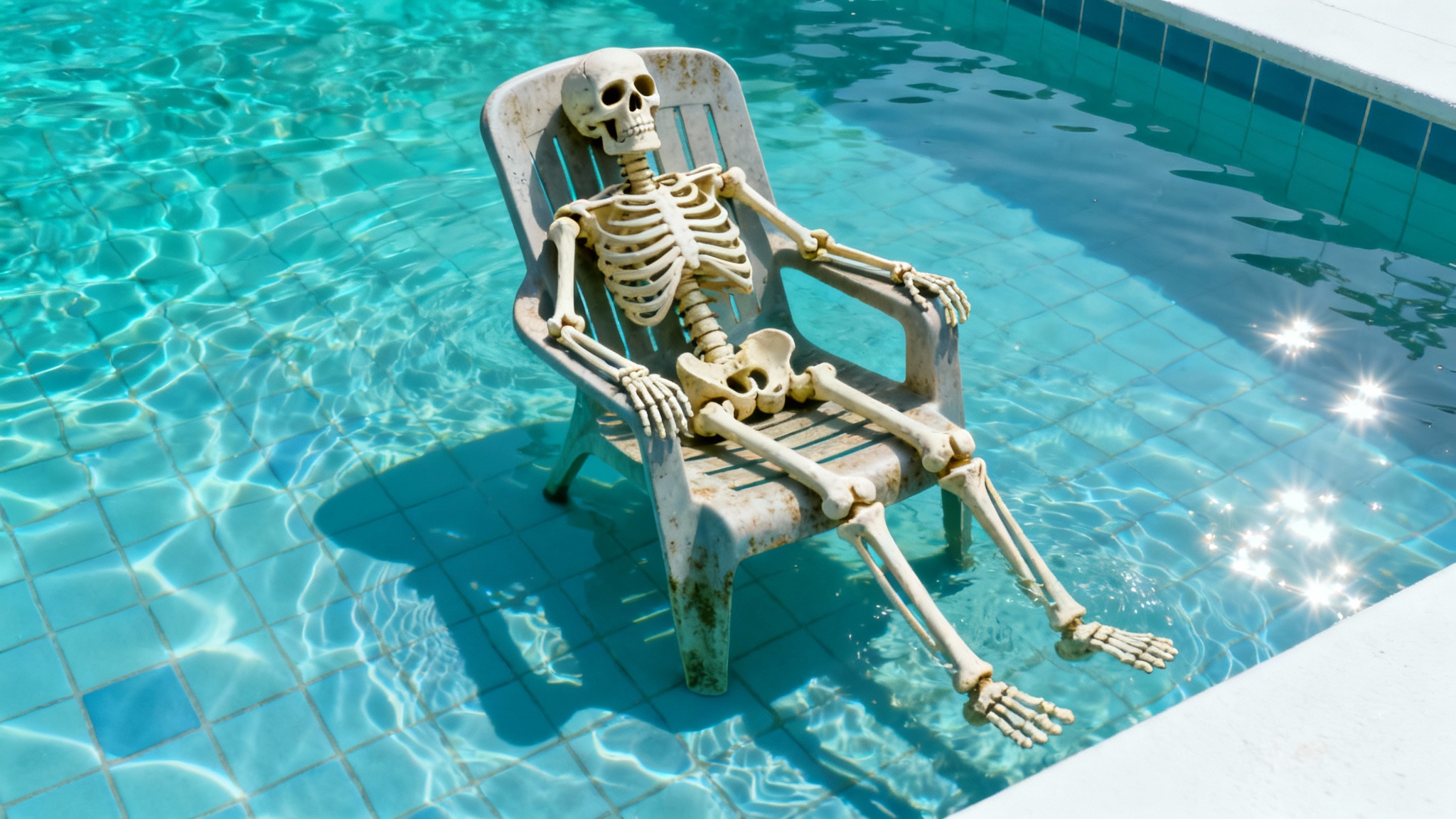 A humorous mockup of a pool meme showing a realistic skeleton sitting on a lawn chair at the bottom of a clear blue swimming pool, isolated on a white background.